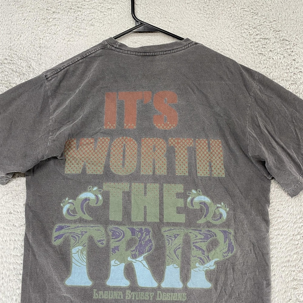 Stussy T-Shirt Mens Medium‎ Gray Beach Sun Graphic It's Worth The Trip Laguna